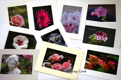 A boxed set of 10 Flower themed photographic themed greeting cards.